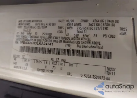 2020 Ford Transit-350 Passenger Van Xlt z USA, uszkodzony, nr VIN 1FBAX2C83LKA24741